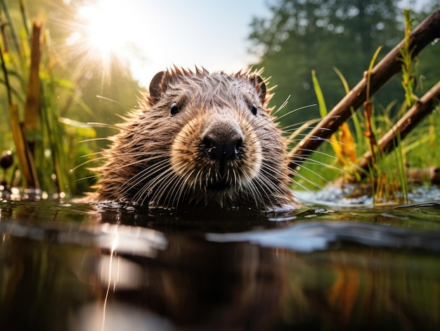 自然の生息地にあるビーバー 野生生物写真 生成人工知能