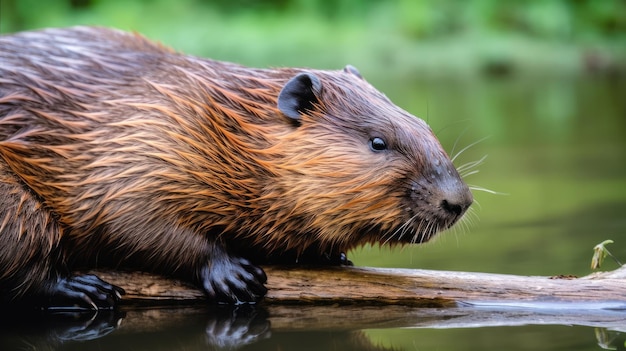 A beaver on a log in the water