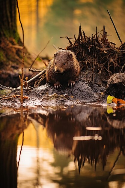 Photo beaver on a log