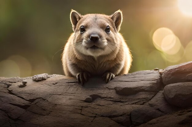 A beaver looking over a log with the sun behind him.