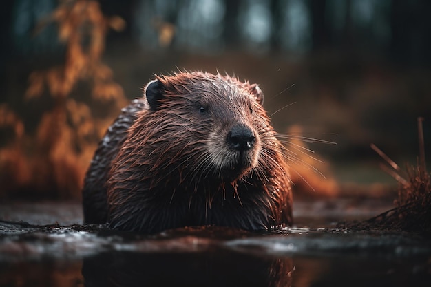 A beaver in a pond with a golden background