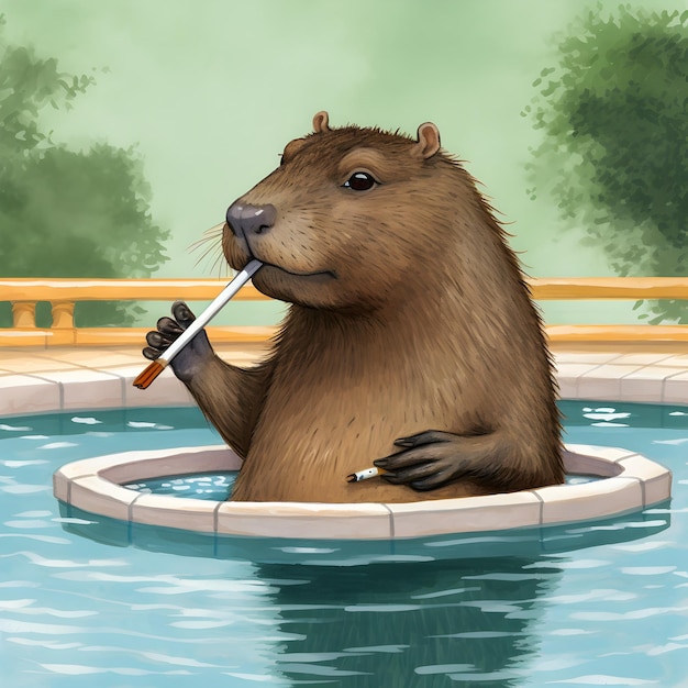 A beaver in a pool with a cigarette in his mouth.