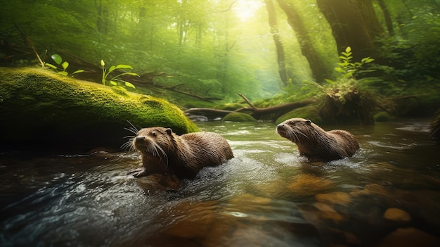 A beaver in a river with a green background