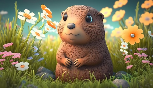 A beaver sits in a field of flowers.