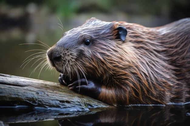 Photo a beaver sits on a log in a pond.