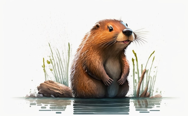 A beaver sits on a pond. watercolor illustrations for kids cartoon style ai generated