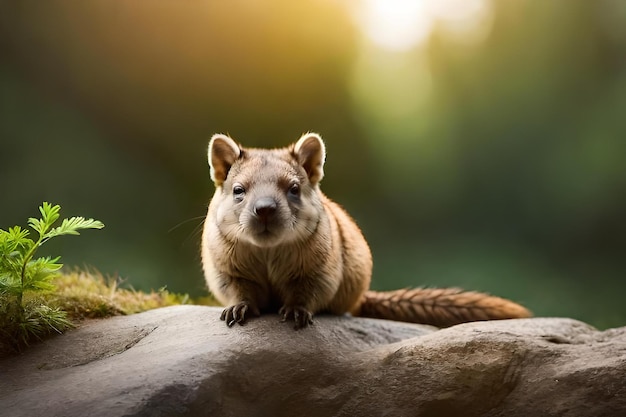 A beaver sits on a rock in front of a sunset background.