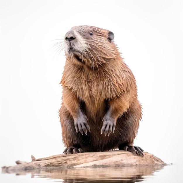 A beaver sits on a rock in the water.
