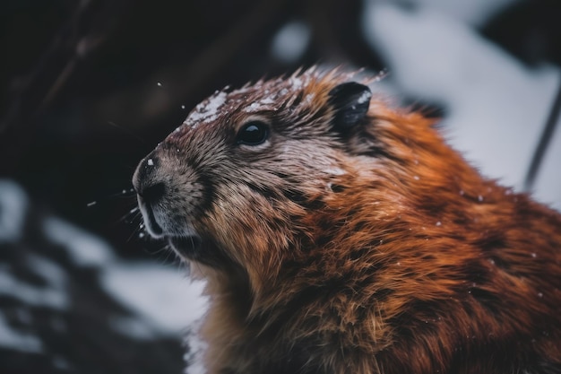 Beaver in the snow during the winter