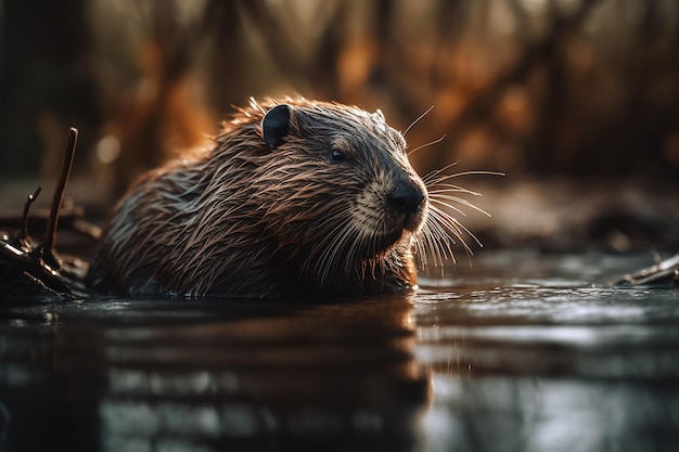 A beaver swimming in a pond with the sun shining on its face.