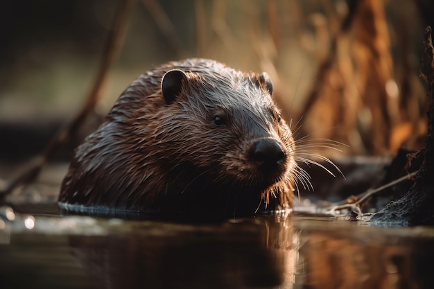 A beaver swimming in a pond in the woods.