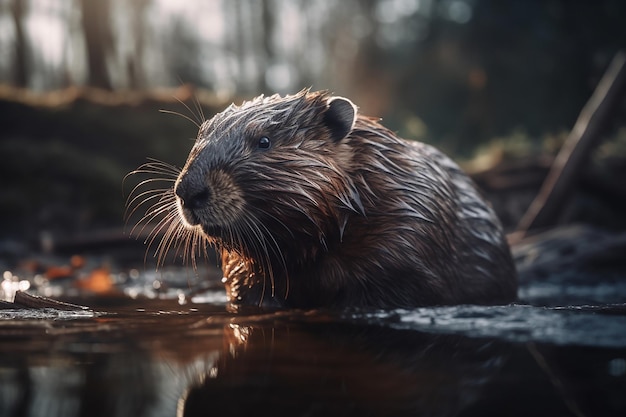 A beaver swims in a river with a golden glow behind him.