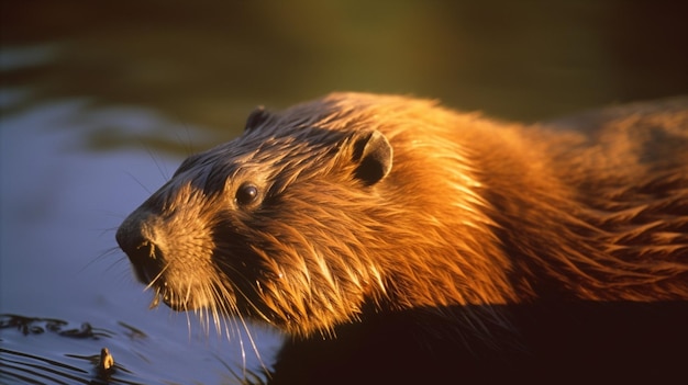 A beaver swims in the water, with its head above water.