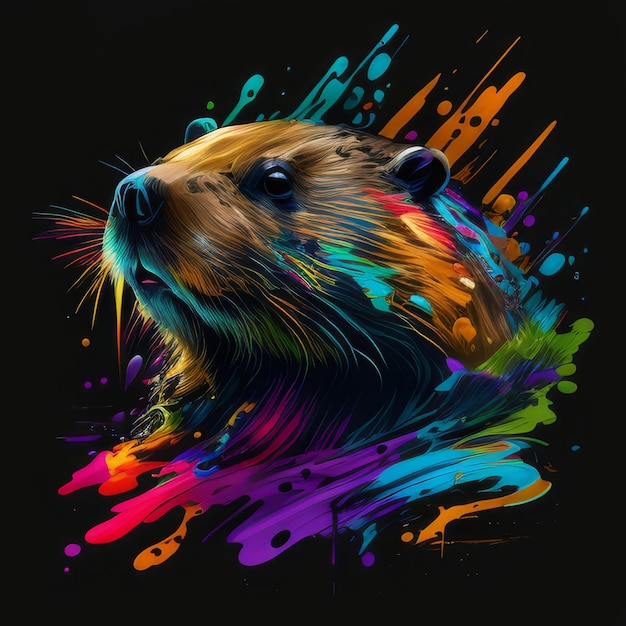 Beaver in trendy attire vector oil splash art bright colors on black