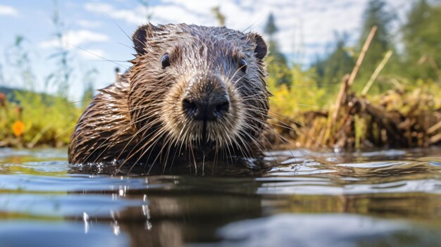 Beaver in the water closeup