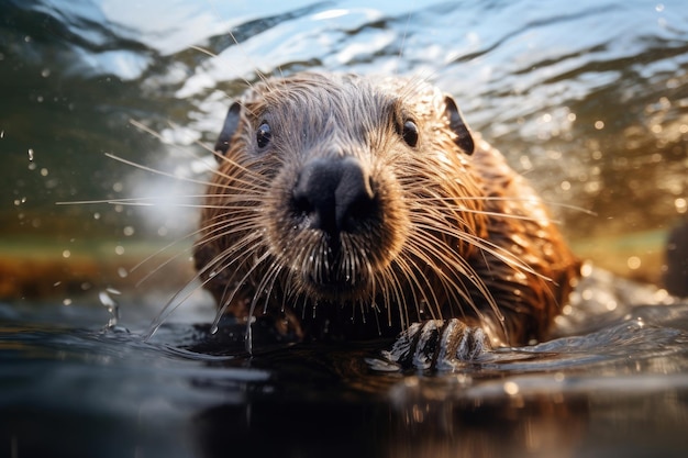 Beaver in the water closeup