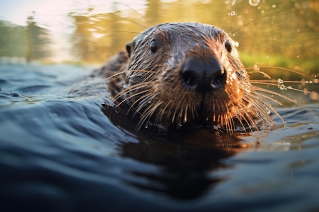 Beaver in the water closeup