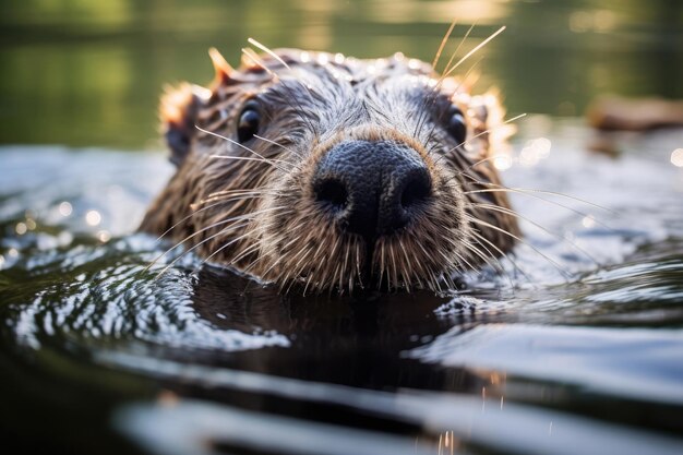 Beaver in the water closeup