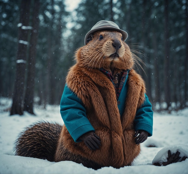 a beaver wearing a hat and a coat with a hat on