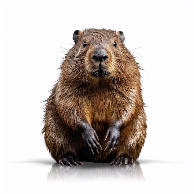 a beaver with a brown head and hands on his paws.