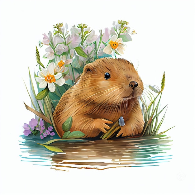 beaver with flower and water