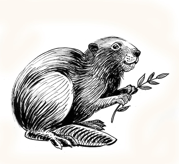 Beaver with a tree branch. Ink black and white drawing