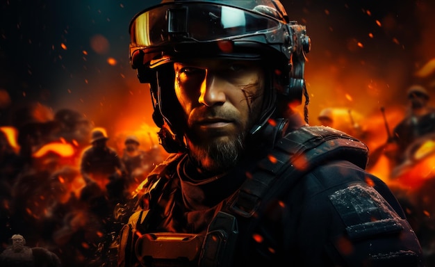 Bebaarde man met littekens die helm dragen Moderne militaire man portret op brandende achtergrond Generatieve AI