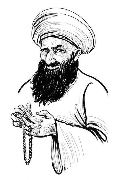 Bebaarde moslim man. Inkt zwart-wit tekening