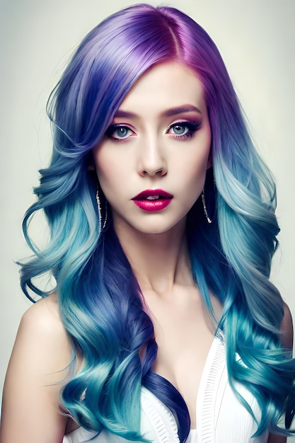 머리 색깔을 가진 아름다운 소녀는 파란색과 보라색입니다.