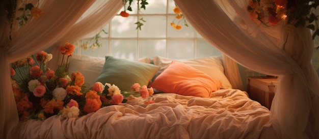 Bed adorned with canopy pillows and fresh blooms