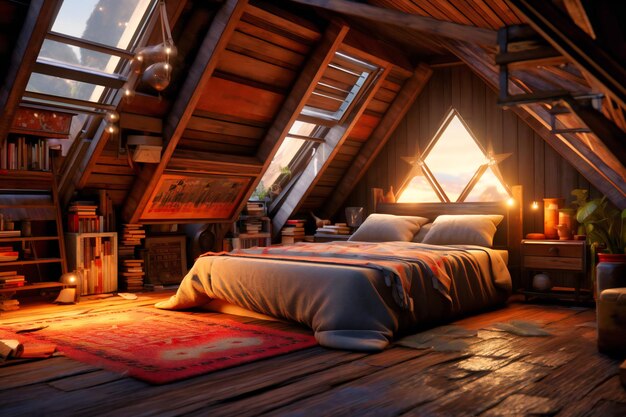 Photo a bed in the attic wood floors and ceiling