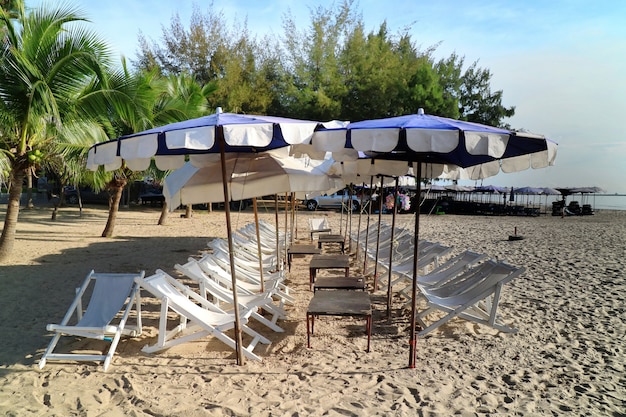 Bed beach, umbrella, and some plastic garbage on the tropical beach with pine tree in the summer.