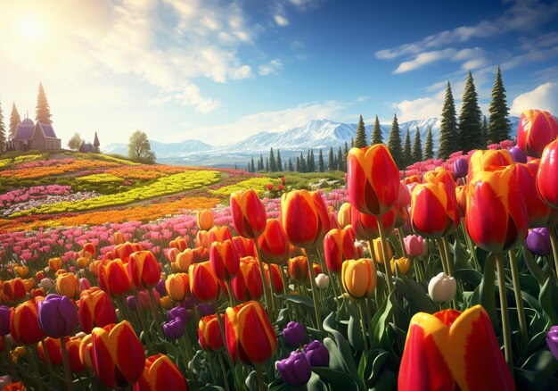 Bed of blooming tulips Flowers and plants in spring AI generated