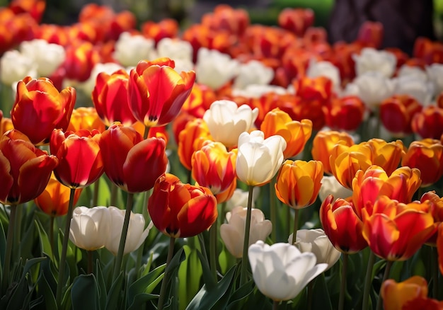 Bed of blooming tulips Flowers and plants in spring AI generated