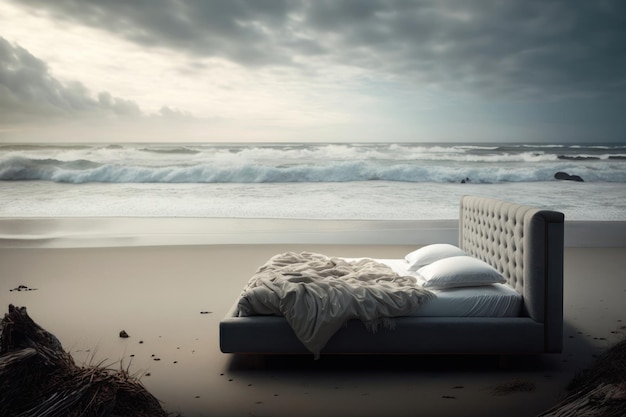 Bed by the sea Creative design concept Ai generation