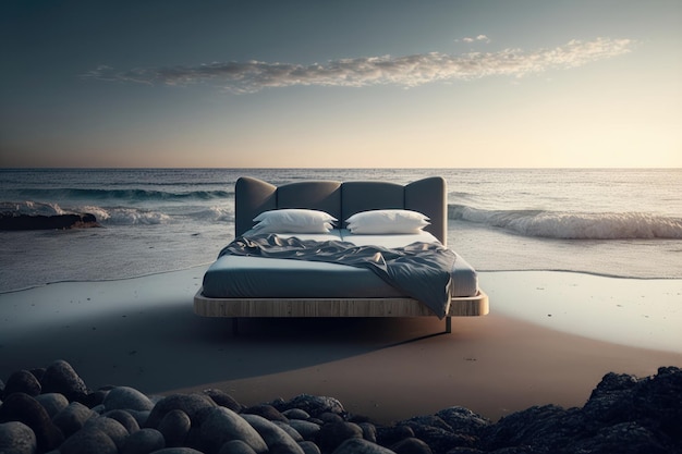 Bed by the sea Creative design concept Ai generation