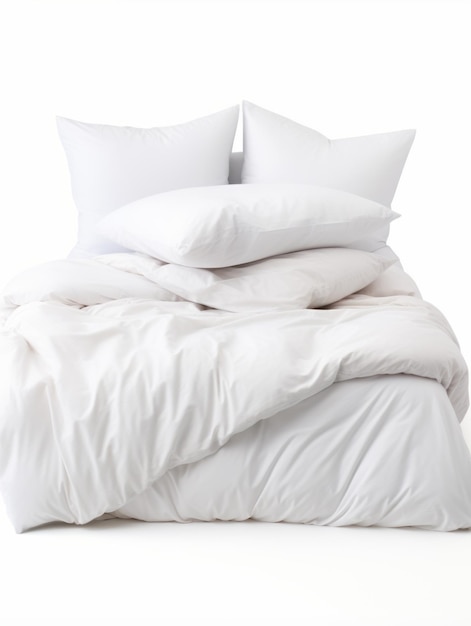 Photo bed covered with allwhite duvets and pillows