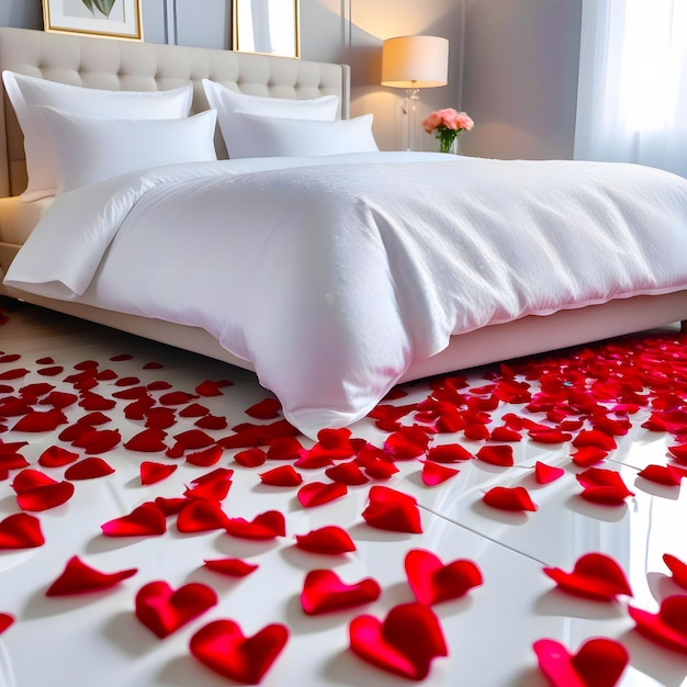 Bed in a cozy bedroom decorated with heartshaped rose petals in honor of Valentines Day generated AI