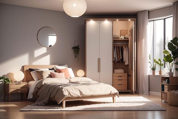 Bed en kledingkast in kleine slaapkamer