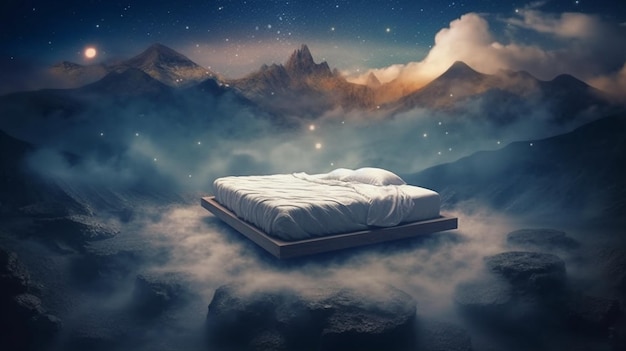 A bed floating on a mountain with clouds and stars above it