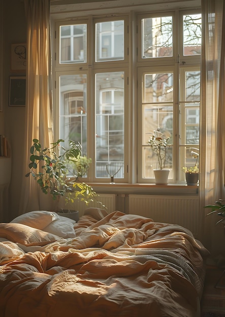 사진 침실 인테리어 디자인에서 빛이 있는 창문 에 놓인 침대 프레임