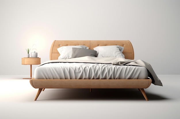 Bed front view light wood and white Generative AI