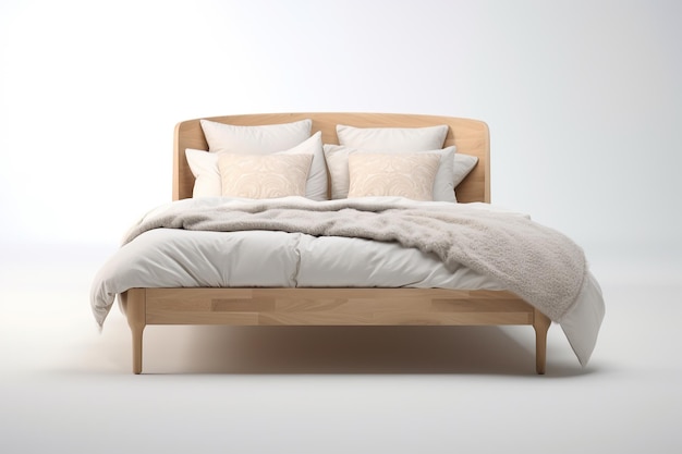 Bed front view light wood and white Generative AI