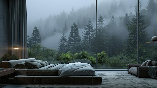 배경 에 안개 숲 이 있는 창문 앞 에 있는 침대