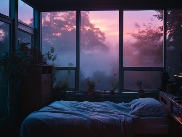 a bed in front of a window with a foggy view