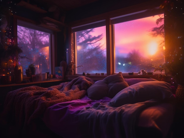 a bed in front of a window with purple and pink lights