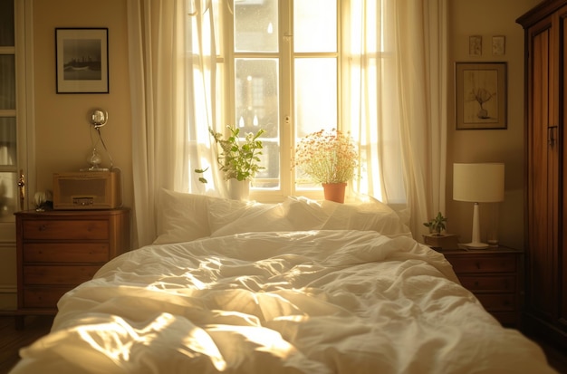 Photo a bed has white sheets and a window in the bedroom