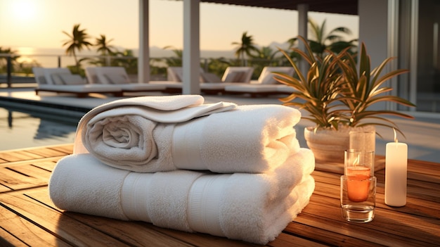 Bed hotel towel luxury room fresh resort service Generative Ai