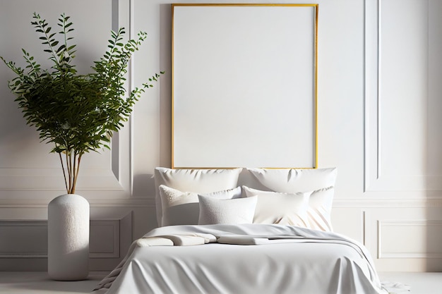 Bed in de slaapkamer in een Scandinavische minimalistische stijl en frame mockup Lichte kussens op het bed AI Generated