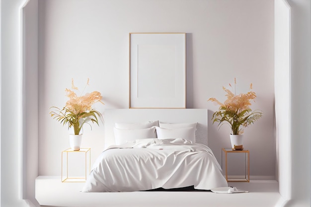 Bed in de slaapkamer in een Scandinavische minimalistische stijl Lichte kussens op het bed AI Generated